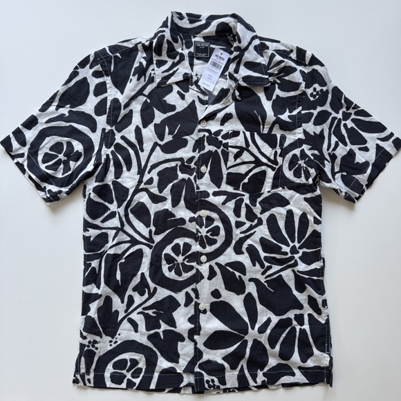 TODD SNYDER Black‎ White Floral Linen Camp Collar SS Shirt Mens Small